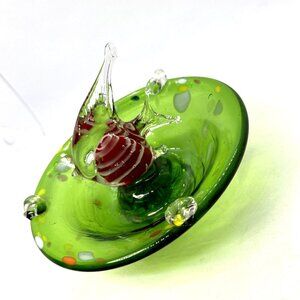 Hand Blown Art Glass Fish Shaped Trinket Jewelry Dish Green Bowl